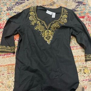 JACLYN SMITH Womens Floral Embroidery Beaded Linen Blend Top 3/4 Sleeve Size L